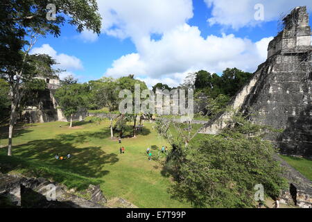 Innenhof umgeben von Ruinen in der verlassenen Stadt Tikal, einem beliebten Nationalpark in Guatemala. Stockfoto