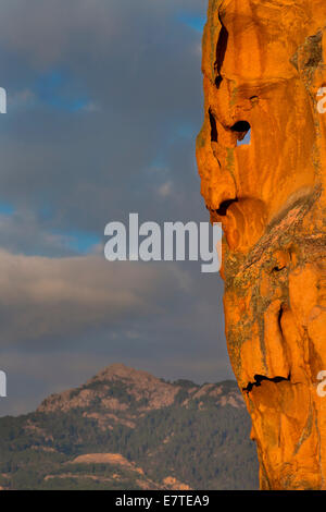 Bizarren Felsformationen Erosionen im Abendlicht, Calanche, Les Calanches de Piana, Corse-du-Sud, Korsika, Frankreich Stockfoto