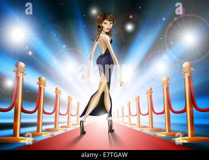 Beispiel für eine elegante schöne Promi-Frau auf einem roten Teppich mit Paparazzi Lichter blinken Stockfoto
