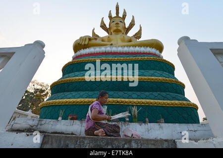 Muang Khong, Laos - 15. März 2014: Frau eine Darbringung an Wat Phuang Kaew in Muang Khong, Don Khong, Laos Stockfoto