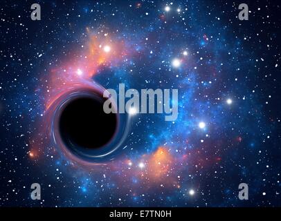 Schwarzes Loch. Computer-Kunstwerk, ein schwarzes Loch gegen eine Starfield darstellt. Ein schwarzes Loch ist ein Super - dichten Objekt, gedacht, um Form aus dem Zusammenbruch des ein großer Star. Aufgrund ihrer unglaublichen Masse das Gravitationsfeld um sie herum ist so stark, dass nicht ev Stockfoto