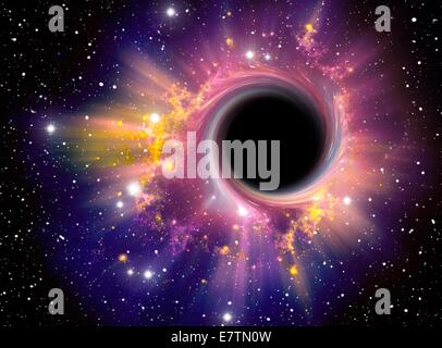 Schwarzes Loch. Computer-Kunstwerk, ein schwarzes Loch gegen eine Starfield darstellt. Ein schwarzes Loch ist ein Super - dichten Objekt, gedacht, um Form aus dem Zusammenbruch des ein großer Star. Aufgrund ihrer unglaublichen Masse das Gravitationsfeld um sie herum ist so stark, dass nicht ev Stockfoto