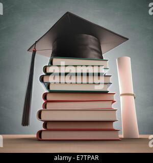 Doktorhut auf einem Stapel Bücher, Computer-Grafik. Stockfoto