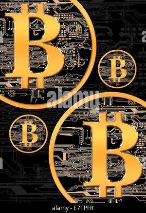 Bitcoin-Logo auf Leiterplatten-Design, Computer-Grafik. Stockfoto