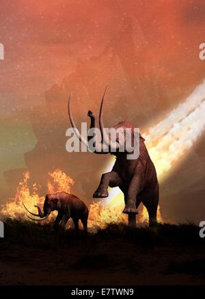 Wollmammut unter Androhung von Meteor Kollision mit der Erde, Computer Artwork. Stockfoto