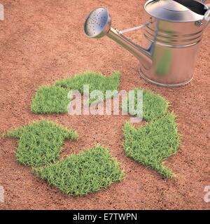 Recycling-Symbol und Gießkanne, konzeptuellen Kunstwerk. Stockfoto