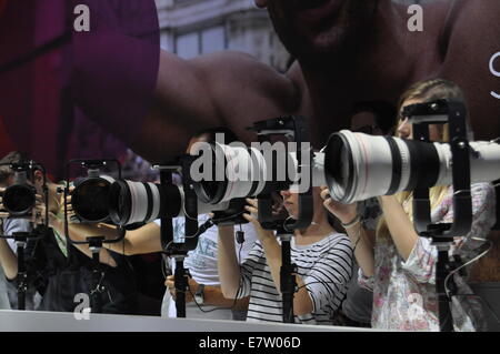 Photokina 2014, Besucherausweis Psychologieseite Teleobjektive, Köln, Deutschland. Nur zur redaktionellen Verwendung. Stockfoto