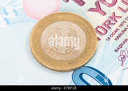 Eine türkische Lira-Münze auf hundert Banknote. Stockfoto