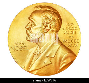 Nobelpreis-Medaille Ausschnitt ausschneiden Ausschnitt isoliert auf einem weißen Hintergrund. Stockfoto