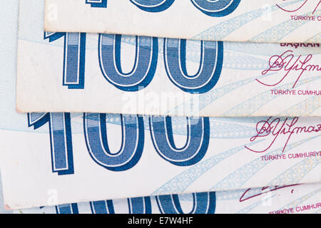 Hundert türkische Lira-Banknoten in Folge. Stockfoto