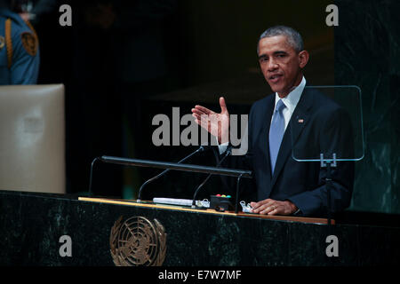 New York, NY, USA. 24. Sep, 2014. US-Präsident Barack Obama befasst sich mit den Vereinten Nationen 69. Generalversammlung im UN-Hauptquartier in New York, New York auf Mittwoch, 24. September 2014. Bildnachweis: Dpa picture Alliance/Alamy Live News Stockfoto