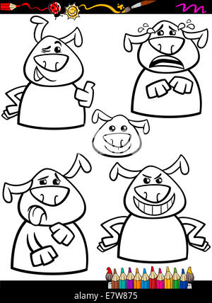 Coloring Book oder Seite Cartoon Illustration von Schwarz und weiß, die lustige Hunde, Ausdruck von Emotionen für Kinder festlegen Stockfoto