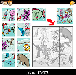 Cartoon-Illustration der Bildung Puzzle-Spiel für Kinder im Vorschulalter mit Sea Life Tiere oder Fische Gruppe Stockfoto