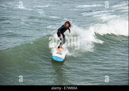 Surfer mit Dreadlocks im schwarzen Anzug auf Surfbrett Welle zu reiten, da es entlang der Nordseeküste bricht Stockfoto