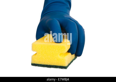 Hand im Handschuh, Schwamm, Vorderansicht, auf weißem Hintergrund isoliert halten. Stockfoto