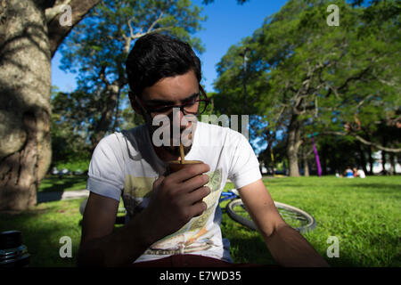Ein junger Mann trinkt Mate in einem Park von La Plata, Argentinien. Stockfoto