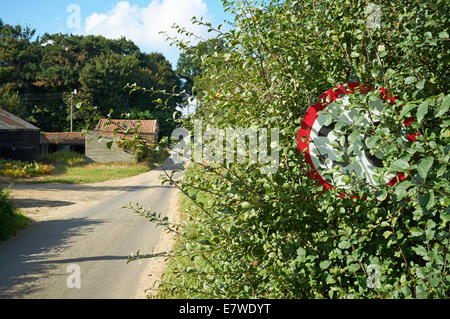 30 km/h Höchstgeschwindigkeit Straße Verkehrszeichen teilweise durch eine Hecke versteckt Newbourne, Suffolk, UK. Stockfoto