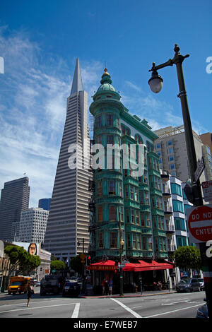 Transamerica Pyramid Wolkenkratzer und Kupfer grün Columbus Tower (aka Sentinel Gebäude) Downtown San Francisco, Kalifornien, USA Stockfoto