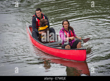 Mary-Ann ochata mit Partner Joe Craig mit Hund "harpo", Kanufahrten auf dem Fluss Severn bei Bridgnorth, Shropshire. Stockfoto