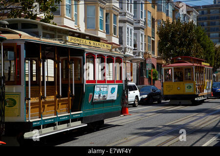 Seilbahnen am äußeren Terminal - Powell & Mason Seilbahn Linie, Taylor Street, Fishermans Wharf, San Francisco, Kalifornien, USA Stockfoto