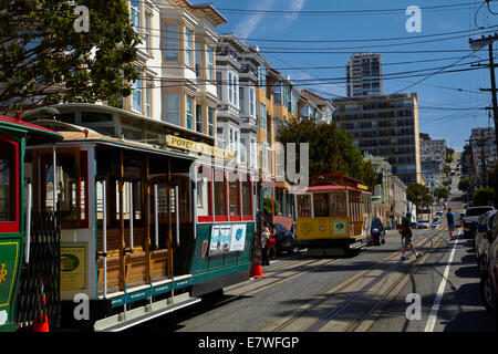 Seilbahnen am äußeren Terminal - Powell & Mason Seilbahn Linie, Taylor Street, Fishermans Wharf, San Francisco, Kalifornien, USA Stockfoto