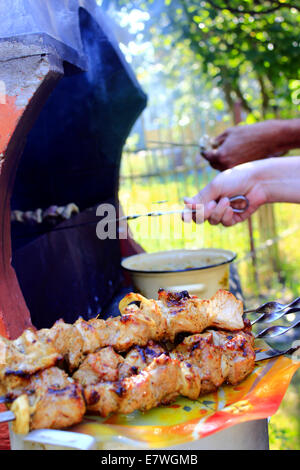 appetitlich Grill mit tollen Stücken von Fleisch auf dem Feuer Stockfoto