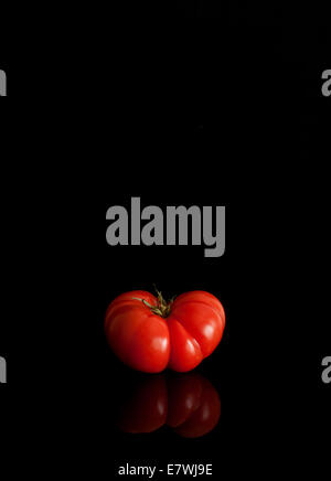Einzelne rote Tomate auf schwarzem Hintergrund Stockfoto