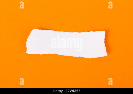 Zerrissenes weißes Blatt Papier auf orangem Hintergrund, bereit für deine Nachricht. Stockfoto