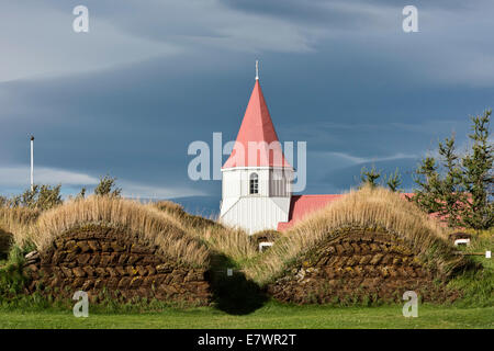 Kirche und Sod Häuser, Rasen Gebäuden, Glaumbaer oder Glaumbær Museum, Nordwesten, Island Stockfoto