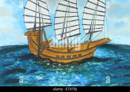 Segelboot auf dem Meer-Malerei-Hintergrund Stockfoto