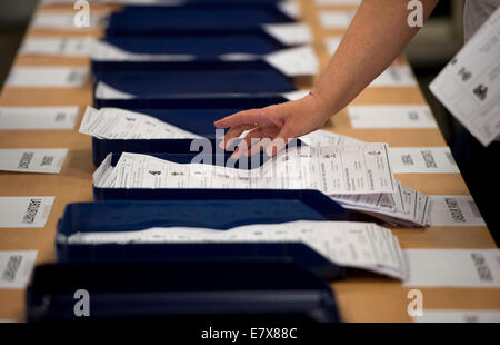 Stimmzettel Papier stimmen werden bei der Europawahl in Merthyr Tydfil von Stimmenzählern gezählt. Stockfoto