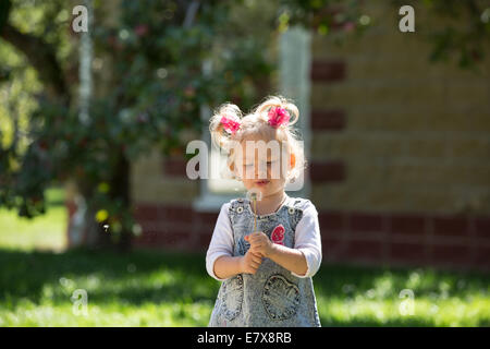 Entzückende kleine Kind Mädchen mit Blume. Sommer grün Natur.  Verwenden Sie es für Baby, Elternschaft oder Liebe Konzept Stockfoto