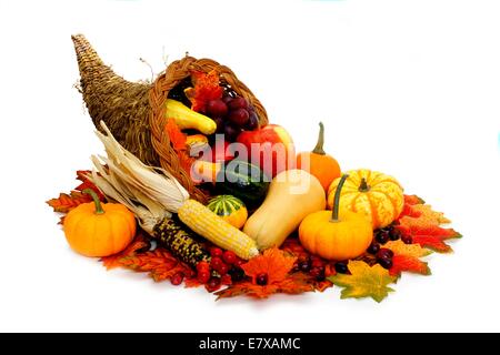 Ernte oder Thanksgiving Füllhorn voller Gemüse auf weißem Hintergrund Stockfoto