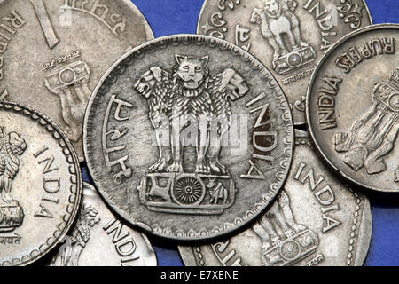 Münzen von Indien. Sarnath Löwe Hauptstadt von Ashoka diente als Staatswappen von Indien in der indischen eine Rupie-Münze abgebildet. Stockfoto