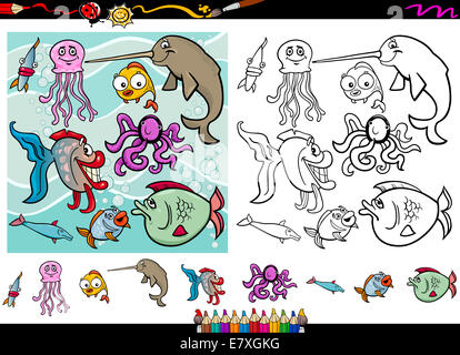 Cartoon Illustrationen von Funny Sea Life Tiere Zeichen-Gruppe für Malbuch mit Elementen Stockfoto