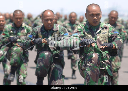 Surabaya, Indonesien. 25. Sep, 2014. Indonesien-Marine über Vorbereitung für das Jubiläum des militärischen Indonesien oder Tentara Nasional Indonesia (TNI) im indonesischen Marine Eastern Fleet am 25. September 2014 in Surabaya, Ost-Java, Indonesien. TNI-Jubiläum am 5. Oktober 2014 stattfinden wird, eine massive festlich und mit der ganzen Kraft der wichtigsten Werkzeuge von Waffensystemen der Indonesien Marine, Indonesien Armee und Luftwaffe Indonesien. Bildnachweis: Sijori Bilder/ZUMA Draht/Alamy Live-Nachrichten Stockfoto