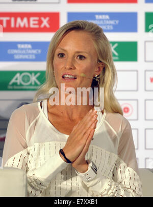 Berlin, Deutschland. 25. Sep, 2014. US-Langstreckenläufer Shalane Flanagan beteiligt sich an einer Pressekonferenz anlässlich der 41. Auflage des Berlin-Marathon in Berlin, Deutschland, 25. September 2014. Bildnachweis: Dpa picture Alliance/Alamy Live News Stockfoto