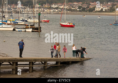 Urlauber auf einem Steg mit Booten im Hafen, Fluss Conwy, North Wales, UK Stockfoto