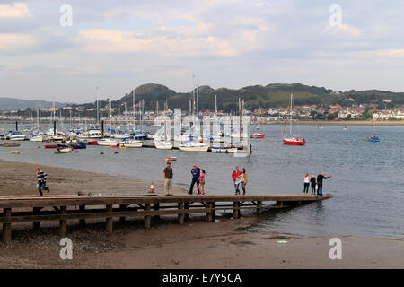 Urlauber auf einem Steg mit Booten im Hafen, Fluss Conwy, North Wales, UK Stockfoto