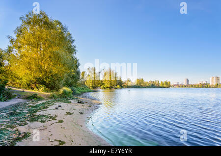 Schöner Abschluss der Sommertag in der Nähe des Flusses mit Pflanzen und Bäume, Gebäude in der Ferne Stockfoto