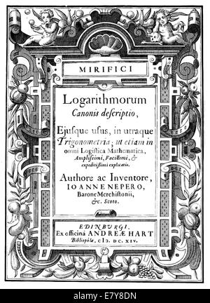 JOHN NAPIER (1550-1617) Frontespiece von seinem 1614 Buch Mirifici Logarithmorum Canonis descriptio Stockfoto