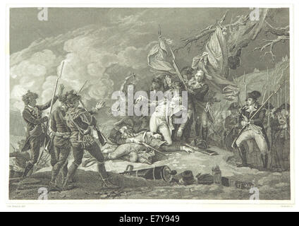 Diese Illustration von Hinton aus dem Jahr 1834 zeigt den Tod von General Richard Montgomery, ein Ereignis, das einen bedeutenden Moment im Amerikanischen Unabhängigkeitskrieg markiert und das historische Ereignis in visueller Form hervorhebt. Stockfoto