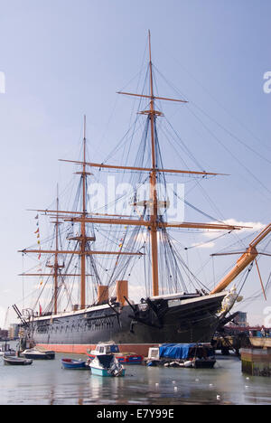 Portsmouth Harbour, UK 3. April 2013: erste eiserne gepanzerte Fregatte Kriegsschiff HMS Warrior, Großbritannien Stockfoto