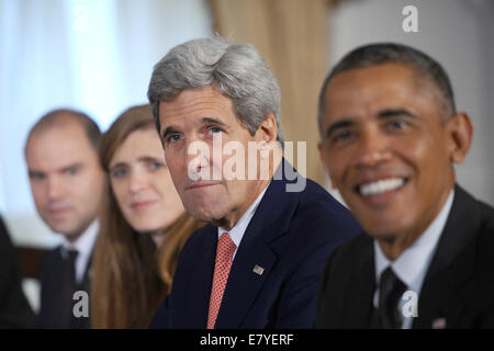 New York, USA. 25. Sep, 2014. New York, NY, USA. 25. Sep, 2014. (L-R) Benjamin Rhodes, stellvertretender nationaler Sicherheitsberater für strategische Kommunikation, US-Botschafter in die Vereinten Nationen Samantha Power, Secretary Of State John Kerry und US-Präsident Barack Obama ein bilaterales Treffen mit äthiopische Ministerpräsident im Waldorf Astoria Hotel in New York, NY, USA, 25. September 2014 teilnehmen. Foto: Anthony Behar/Pool über CNP - NO-Draht-SERVICE-/ Dpa/Alamy Live News Stockfoto