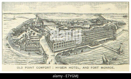 Eine Illustration von Old Point Comfort aus dem Jahr 1891 mit dem Hygeia Hotel und Fort Monroe, wichtigen Wahrzeichen in Virginias historischer und militärischer Landschaft. Stockfoto
