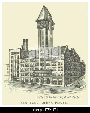 Eine Illustration aus dem Jahr 1891, die das Opernhaus in Seattle, Washington, darstellt. Diese Skizze hebt die architektonischen Merkmale des Gebäudes hervor und zeigt sein herausragendes Design und seine kulturelle Bedeutung in der Unterhaltungslandschaft der Stadt während des späten 19. Jahrhunderts. Stockfoto