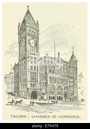 Diese Illustration aus der US-WA-Serie aus dem Jahr 1891 zeigt die Handelskammer in Tacoma, Washington, mit detaillierten Skizzen und Karten, die die geschäftliche und historische Bedeutung der Stadt während dieser Zeit hervorheben. Stockfoto