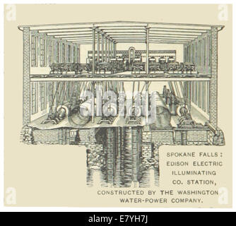 Diese Illustration aus dem Jahr 1891 aus dem US-WA zeigt die Beleuchtungsstation Edison Electric in Spokane Falls, die von der Washington Water-Power Company gebaut wurde und die frühe Elektrizitätsinfrastruktur in der Region betont. Stockfoto