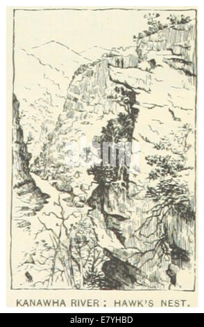 Eine Karte und Illustration aus der 1891 erschienenen Veröffentlichung von US-WV, Seite 885, mit dem Kanawha River und Hawk's Nest. Die Vintage-Zeichnung hebt die Landschaft des Flusses und seine geografischen Merkmale hervor. Stockfoto