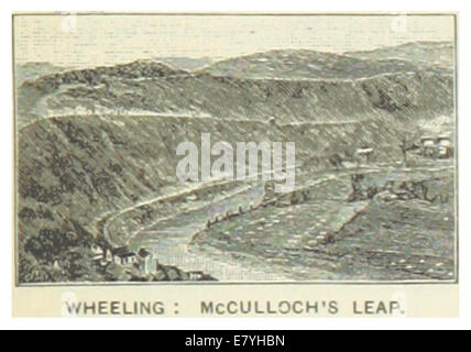 Diese 1891 abgebildete Abbildung zeigt McCulloch's Leap, eine bemerkenswerte historische Stätte in Wheeling, West Virginia. Das Bild fängt die dramatische Landschaft ein und hebt das Ereignis hervor, das dort im 18. Jahrhundert stattfand. Stockfoto